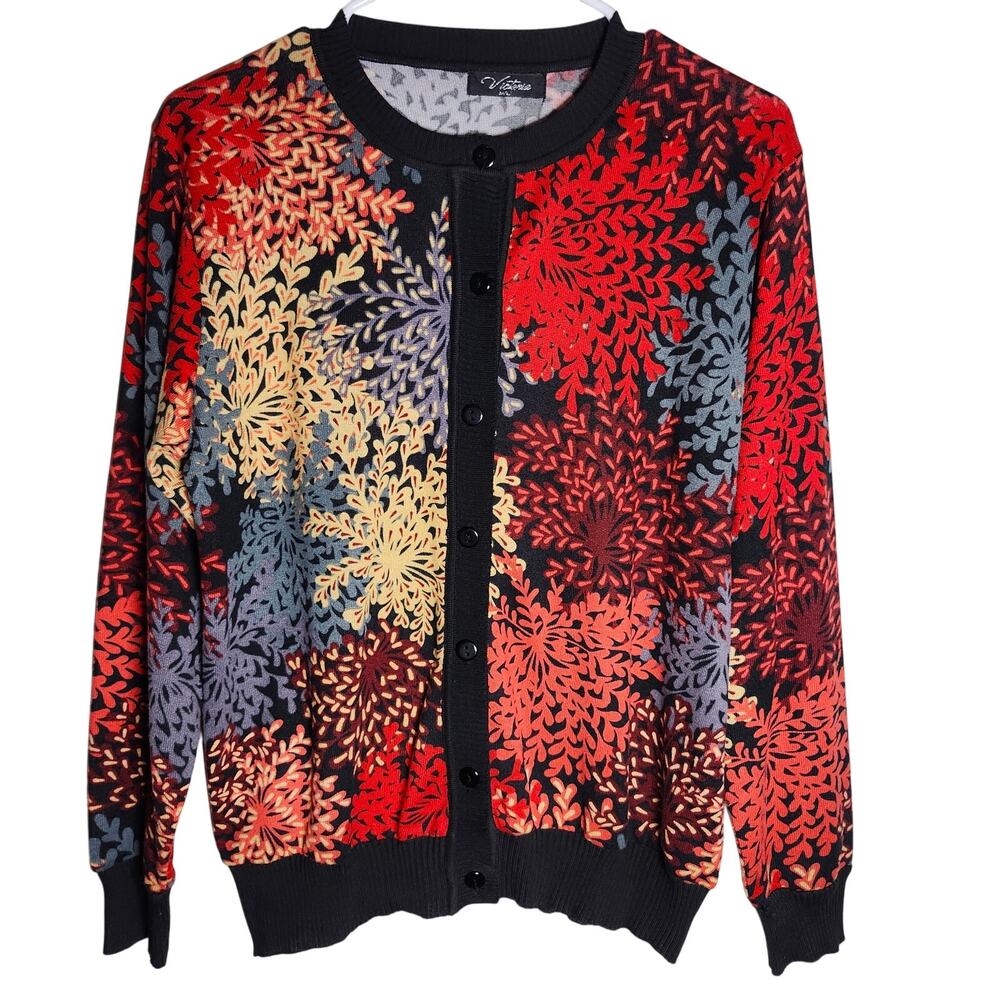 Victoria Y2K Bold Black Multicolor Floral Knit Cardigan Size M/L